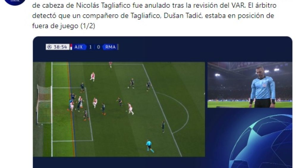 La UEFA explica el por qué se anuló el primer gol del Ajax frente al Real Madrid