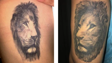 Los leones tatuados por amor: ella (izda.), en la parte del tronco, él (dcha.), en el brazo