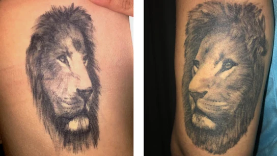 Los leones tatuados por amor: ella (izda.), en la parte del tronco, él (dcha.), en el brazo Tatuajes en pareja