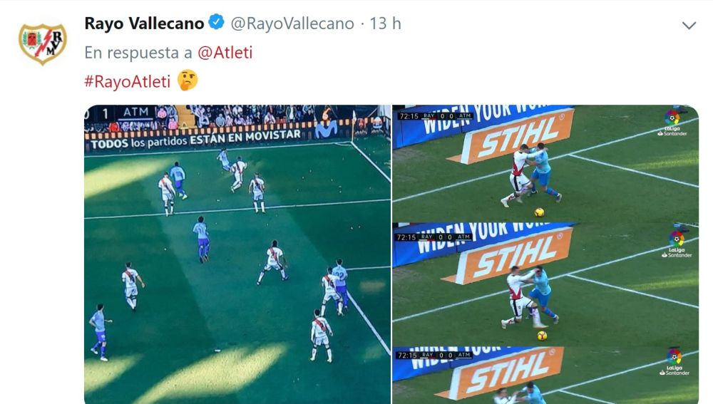 El tuit del Rayo en el que contesta al Atlético por la polémica arbitral