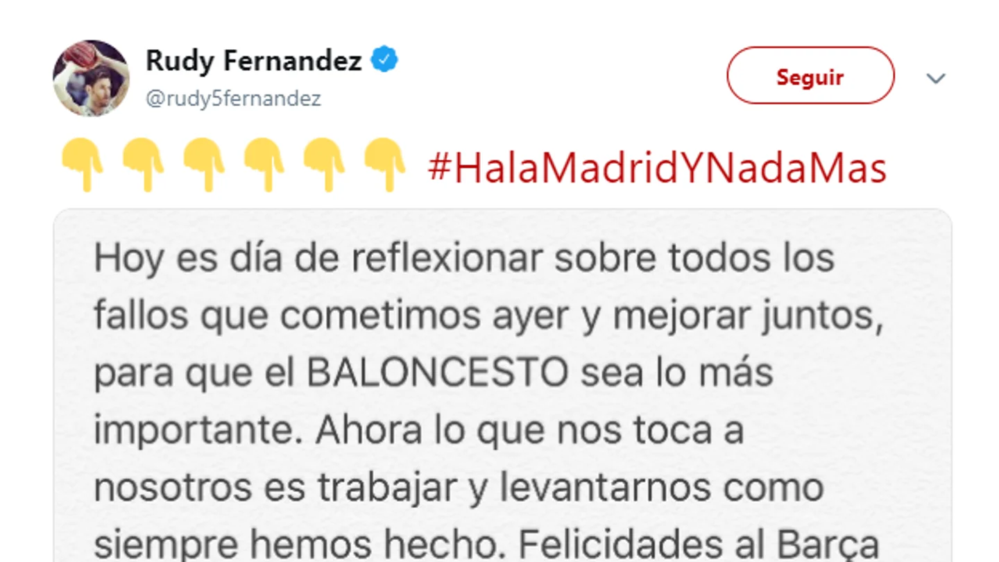 El mensaje de Rudy Fernández en su cuenta de Twitter El mensaje de Rudy Fernández en su cuenta de Twitter