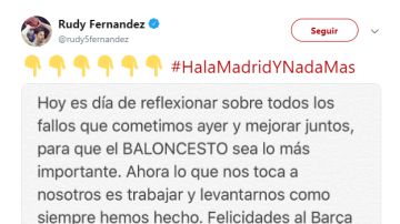 El mensaje de Rudy Fernández en su cuenta de Twitter