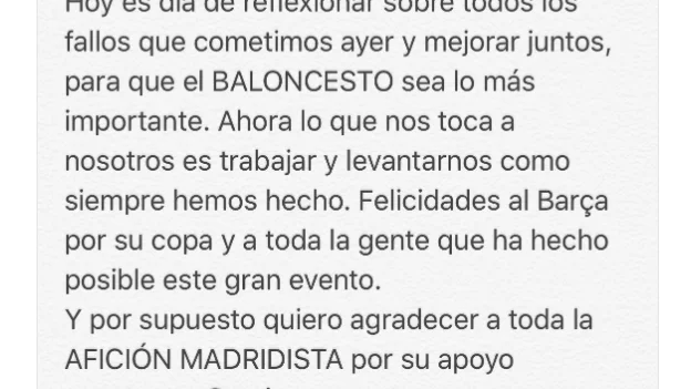 El mensaje de Rudy Fernández en su cuenta de Twitter