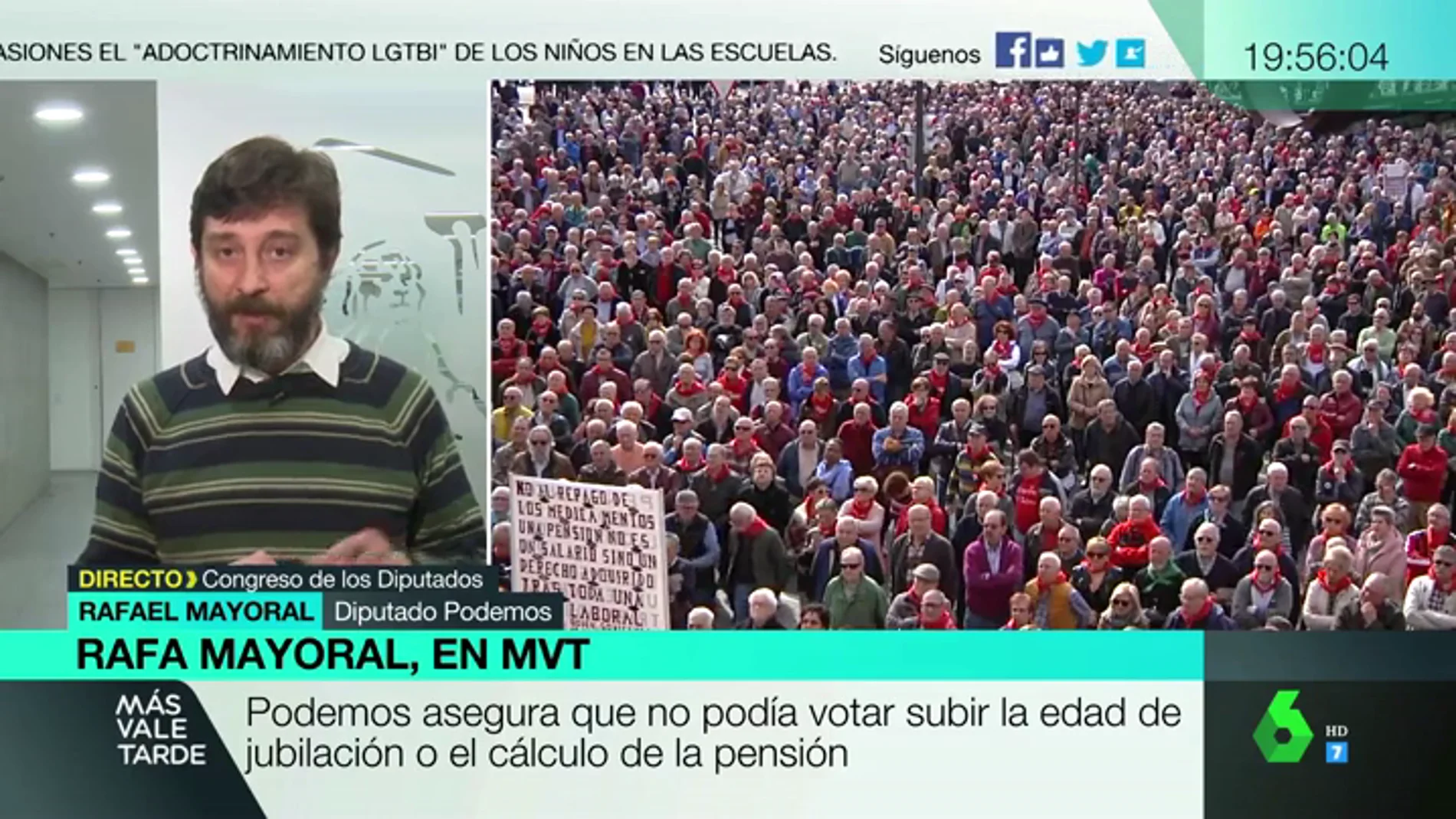 Rafael Mayoral, crítico con los partidos de la oposición: "Temen a los pensionistas, que fueron los que echaron a Rajoy junto con las mujeres del 8M"