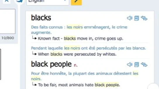 Captura de pantalla del diccionario web Reverso al buscar la palabra 'negros' Captura de pantalla del diccionario web Reverso al buscar la palabra 'negros'