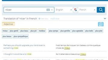 Captura de la web de traducción Reverso al buscar la palabra 'nicer'