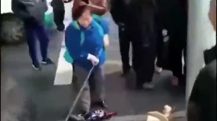 Impactante vídeo: una anciana apalea en plena calle a un perro vivo atado por las patas 