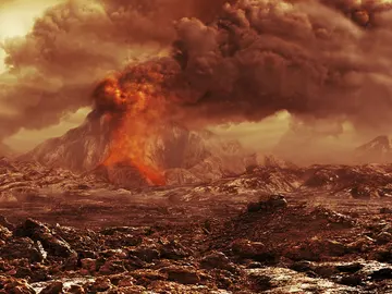 Representación artística de un volcán activo en Venus Representación artística de un volcán activo en Venus