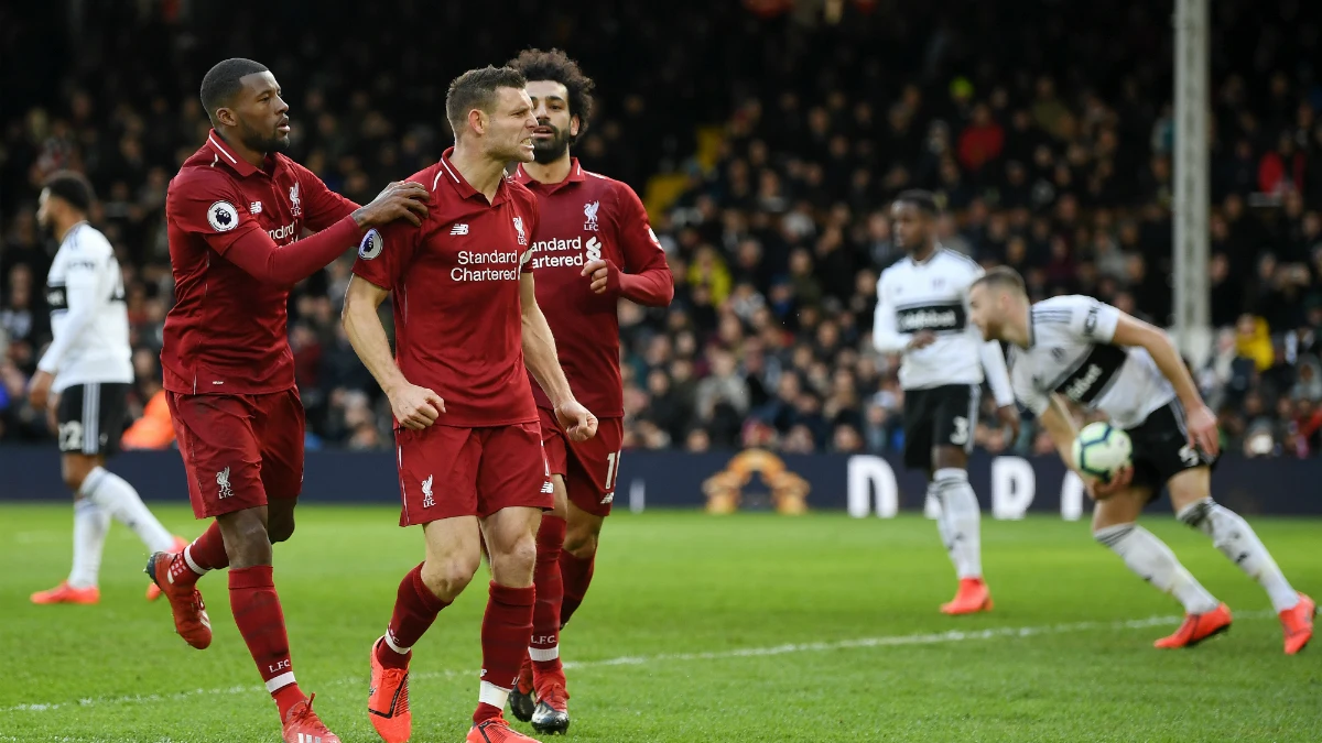 Milner celebra un gol con el Liverpool