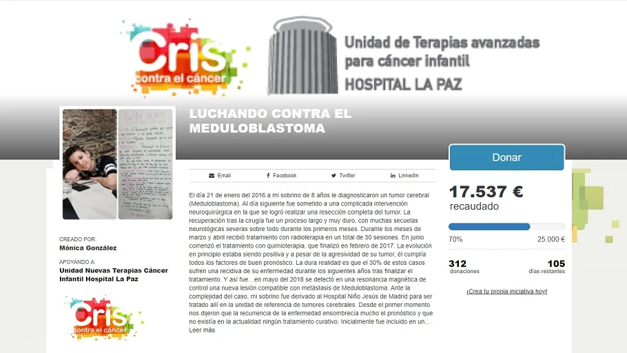 Imagen de la recaudación que están haciendo en 'Fundación Cris contra el cáncer' para poder hacer el ensayo clínico a Noel