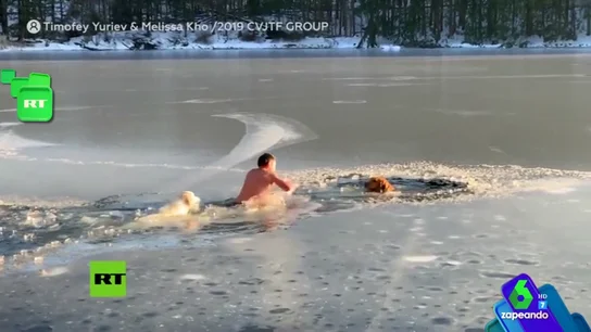 El enternecedor momento en el que un hombre rescata a sus dos perros tras quedarse atrapados en el hielo El enternecedor momento en el que un hombre rescata a sus dos perros tras quedarse atrapados en el hielo