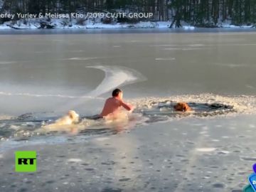 El enternecedor momento en el que un hombre rescata a sus dos perros tras quedarse atrapados en el hielo El enternecedor momento en el que un hombre rescata a sus dos perros tras quedarse atrapados en el hielo