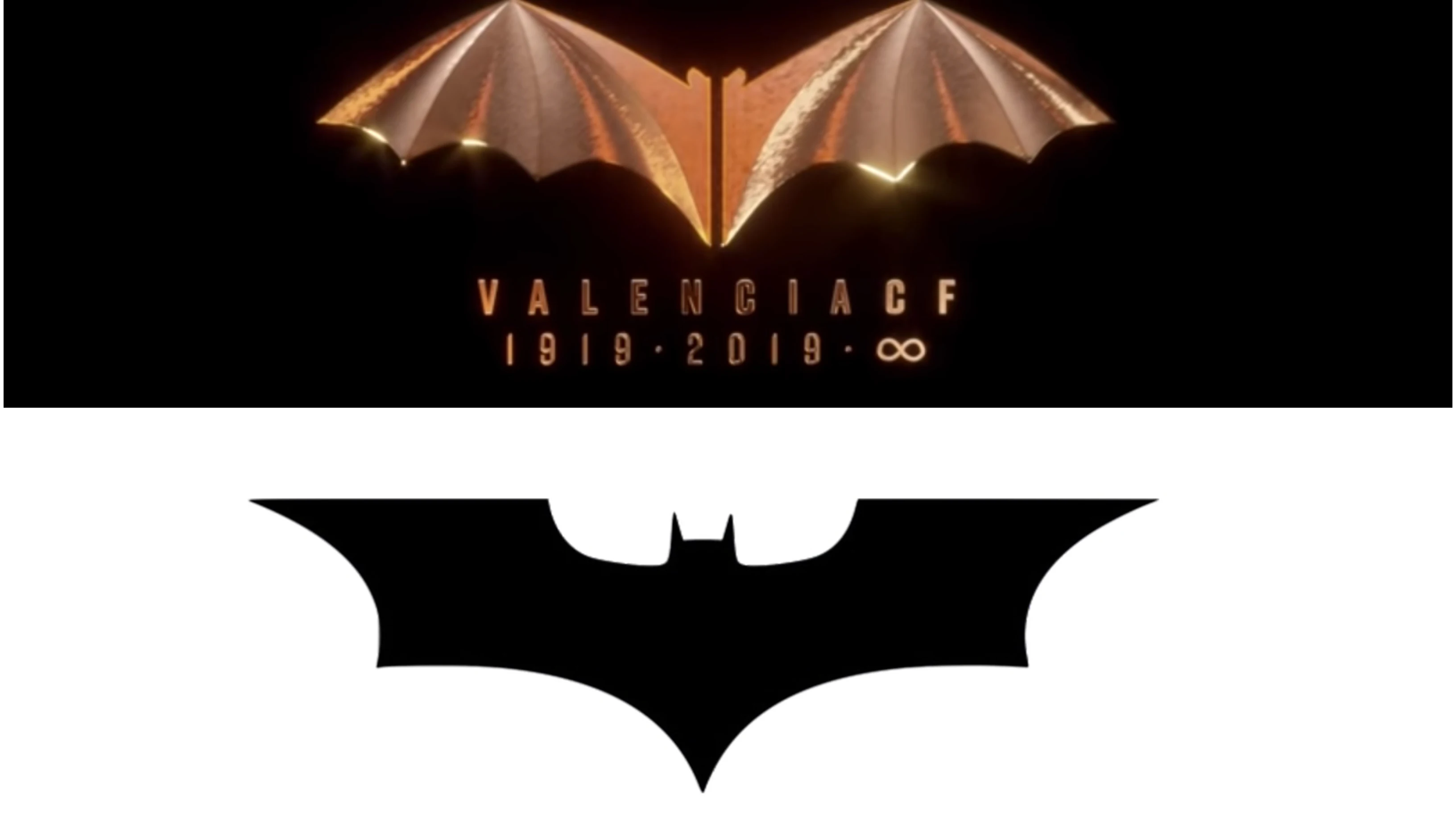 Logo del centenario del Valencia (arriba) y uno de los logos de Batman. 