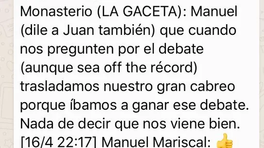 Conversación de Whatsapp entre Méndez Monasterio y Manuel Mariscal de Vox Conversación de Whatsapp entre Méndez Monasterio y Manuel Mariscal de Vox