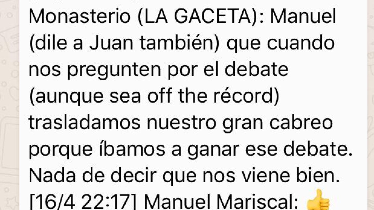 Conversaci&oacute;n de Whatsapp entre M&eacute;ndez Monasterio y Manuel Mariscal de Vox