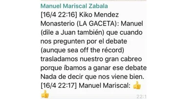 Conversación de Whatsapp entre Méndez Monasterio y Manuel Mariscal de Vox