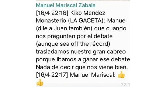 Conversación de Whatsapp entre Méndez Monasterio y Manuel Mariscal de Vox Conversación de Whatsapp entre Méndez Monasterio y Manuel Mariscal de Vox