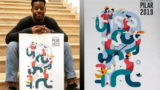 Samuel Afinkenwa junto a su cartel, 'Pilares'. Samuel Afinkenwa junto a su cartel, 'Pilares'.