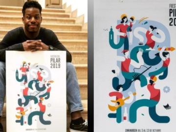 Samuel Afinkenwa junto a su cartel, 'Pilares'. Samuel Afinkenwa junto a su cartel, 'Pilares'.