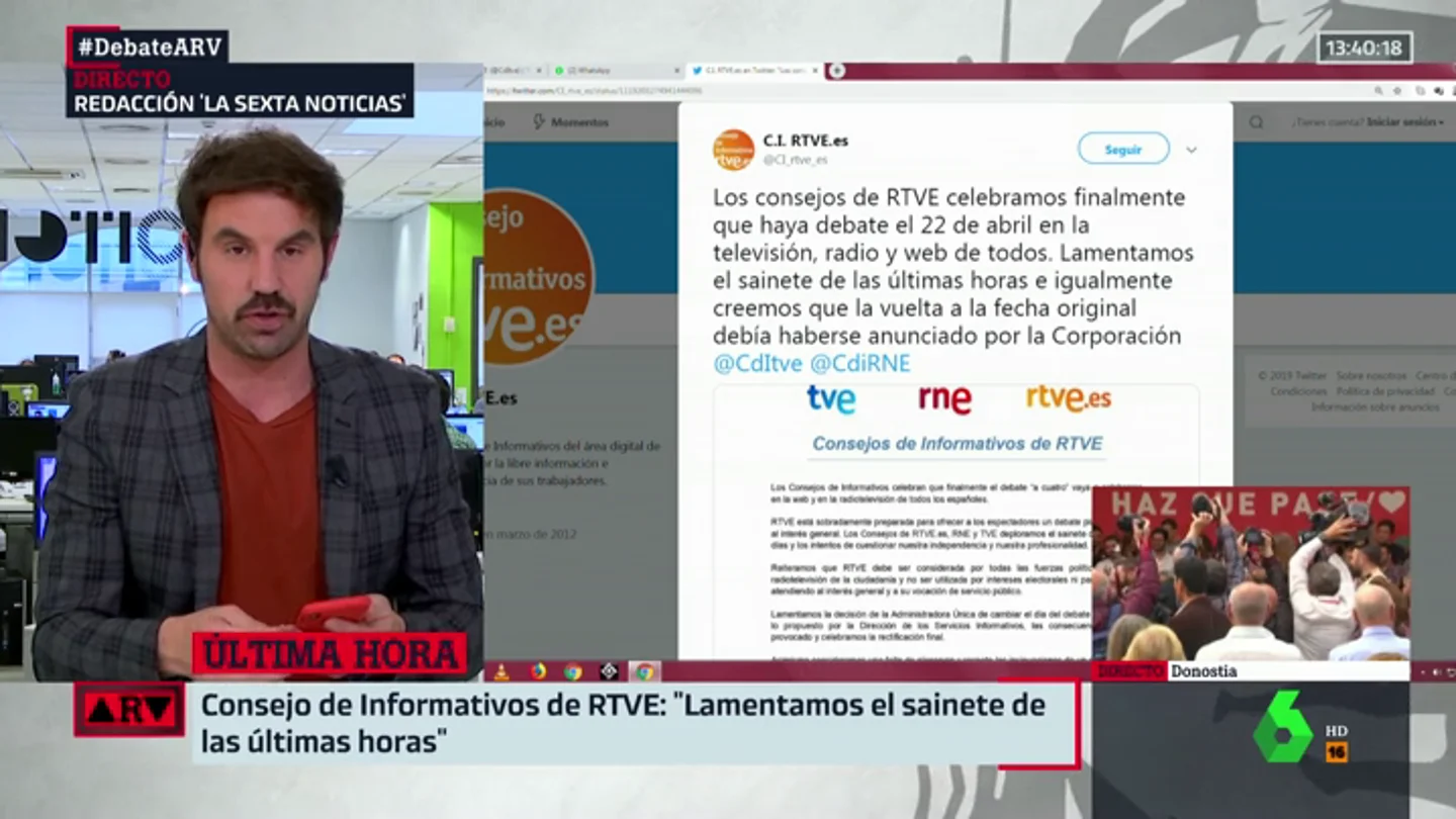 El Consejo de Informativos de RTVE anuncia el cambio de fecha del debate al 22: "Lamentamos el sainete" El Consejo de Informativos de RTVE anuncia el cambio de fecha del debate al 22: "Lamentamos el sainete"