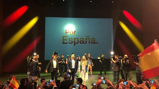 Santiago Abascal en un acto de campaña de Vox