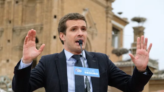 El líder nacional de los populares, Pablo Casado, durante su intervención en un acto electoral El líder nacional de los populares, Pablo Casado, durante su intervención en un acto electoral