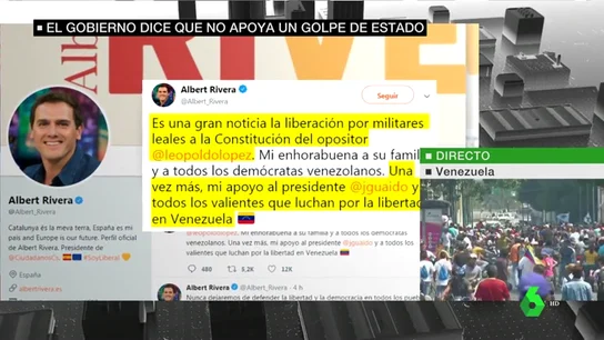 Albert Rivera se muestra a favor de Juan Guaidó: "Mi apoyo al presidente y a todos los valientes que luchan por la libertad en Venezuela" Albert Rivera se muestra a favor de Juan Guaidó: "Mi apoyo al presidente y a todos los valientes que luchan por la libertad en Venezuela"