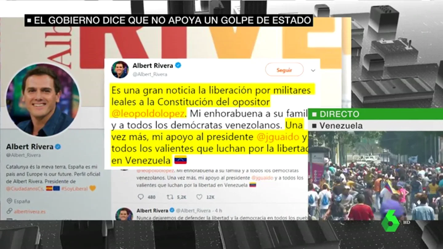 Albert Rivera se muestra a favor de Juan Guaidó: "Mi apoyo al presidente y a todos los valientes que luchan por la libertad en Venezuela" Albert Rivera se muestra a favor de Juan Guaidó: "Mi apoyo al presidente y a todos los valientes que luchan por la libertad en Venezuela"
