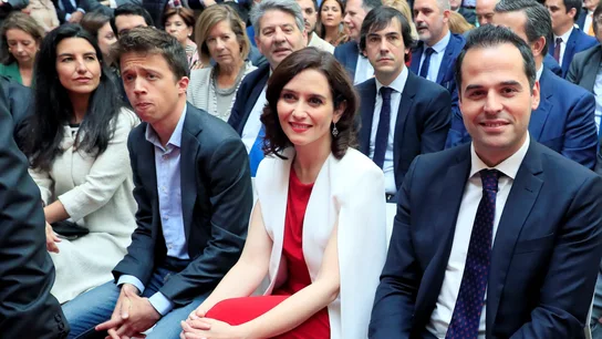 Rocío Monasterio (Vox), Iñigo Errejon (Unidas Podemos), Isabel Díaz Ayuso (PP ) e Ignacio Aguado (Cs), en el acto del 2 de Mayo en Madrid. Rocío Monasterio (Vox), Iñigo Errejon (Unidas Podemos), Isabel Díaz Ayuso (PP ) e Ignacio Aguado (Cs), en el acto del 2 de Mayo en Madrid.