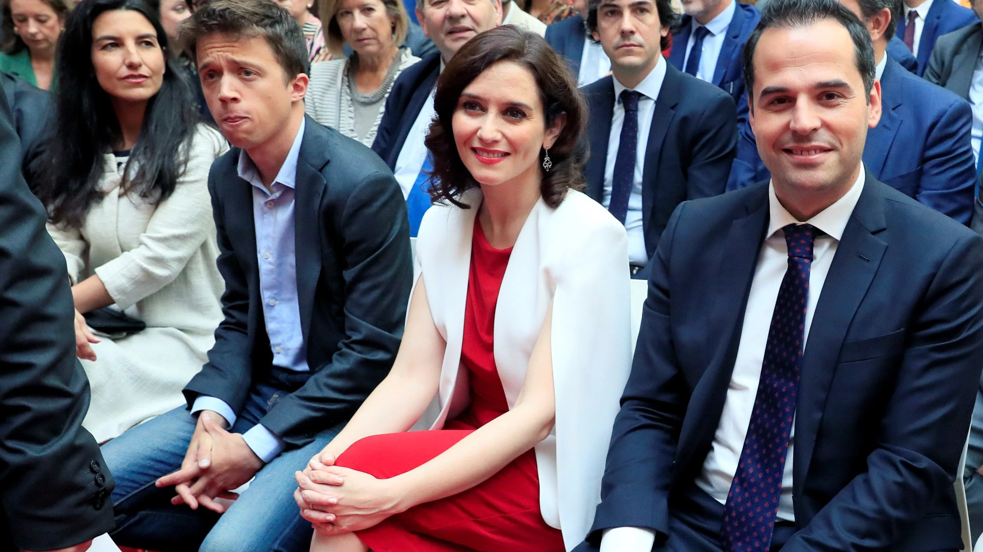 Rocío Monasterio (Vox), Iñigo Errejon (Unidas Podemos), Isabel Díaz Ayuso (PP ) e Ignacio Aguado (Cs), en el acto del 2 de Mayo en Madrid.