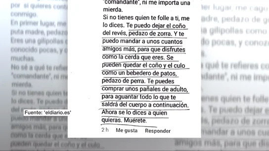 Fragmento de una publicación de un teniente coronel en Facebook en la amenaza a una chica con violarla Fragmento de una publicación de un teniente coronel en Facebook en la amenaza a una chica con violarla