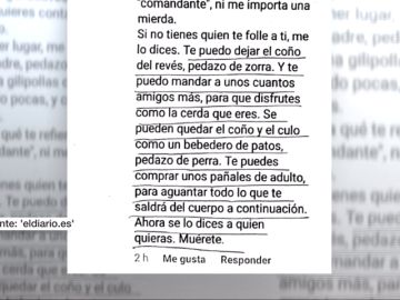 Fragmento de una publicación de un teniente coronel en Facebook en la amenaza a una chica con violarla Fragmento de una publicación de un teniente coronel en Facebook en la amenaza a una chica con violarla