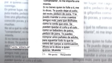 Fragmento de una publicación de un teniente coronel en Facebook en la amenaza a una chica con violarla