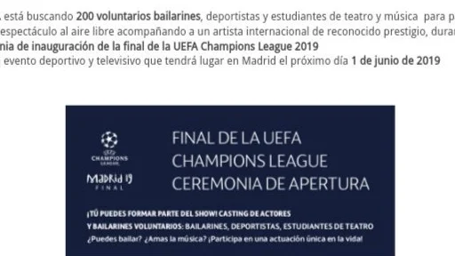 La oferta de la UEFA en la que piden "200 voluntarios bailarines"