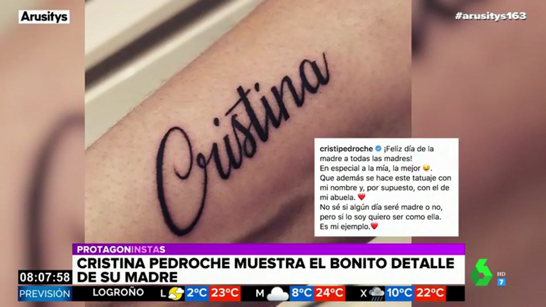 Cristina Pedroche muestra el bonito homenaje que le ha dedicado su madre: un tatuaje con su nombre