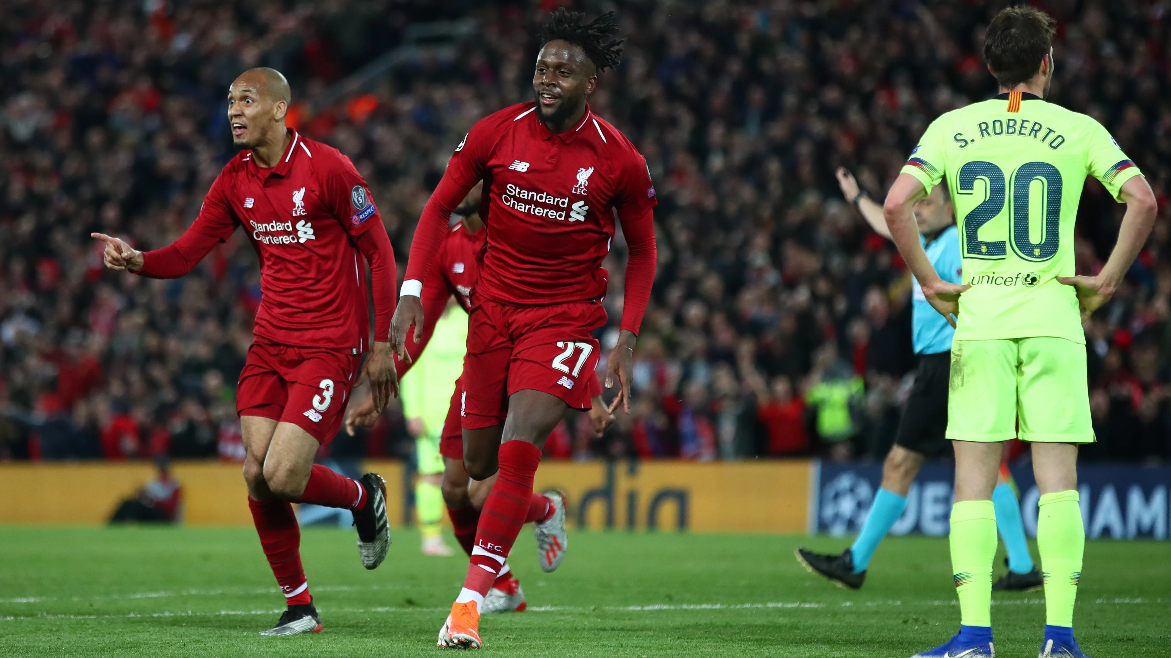 Origi celebra el 4-0 contra el Barcelona