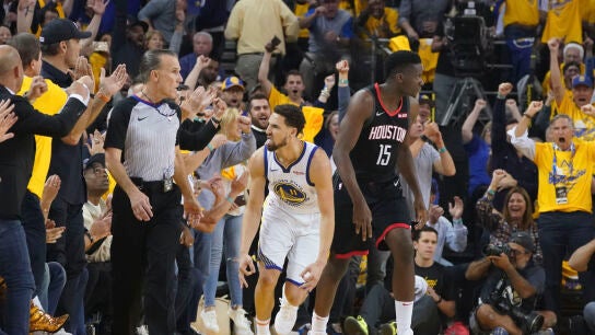  Klay Thompson, en acci&oacute;n ante los Rockets