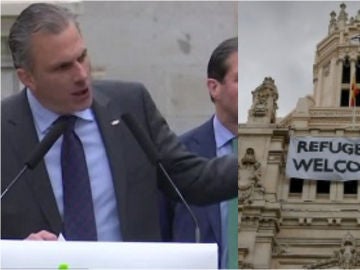 Ortega Smith (izquierda) y Ayuntamiento de Madrid con el cartel de 'Refugees welcome' a la derecha Ortega Smith (izquierda) y Ayuntamiento de Madrid con el cartel de 'Refugees welcome' a la derecha