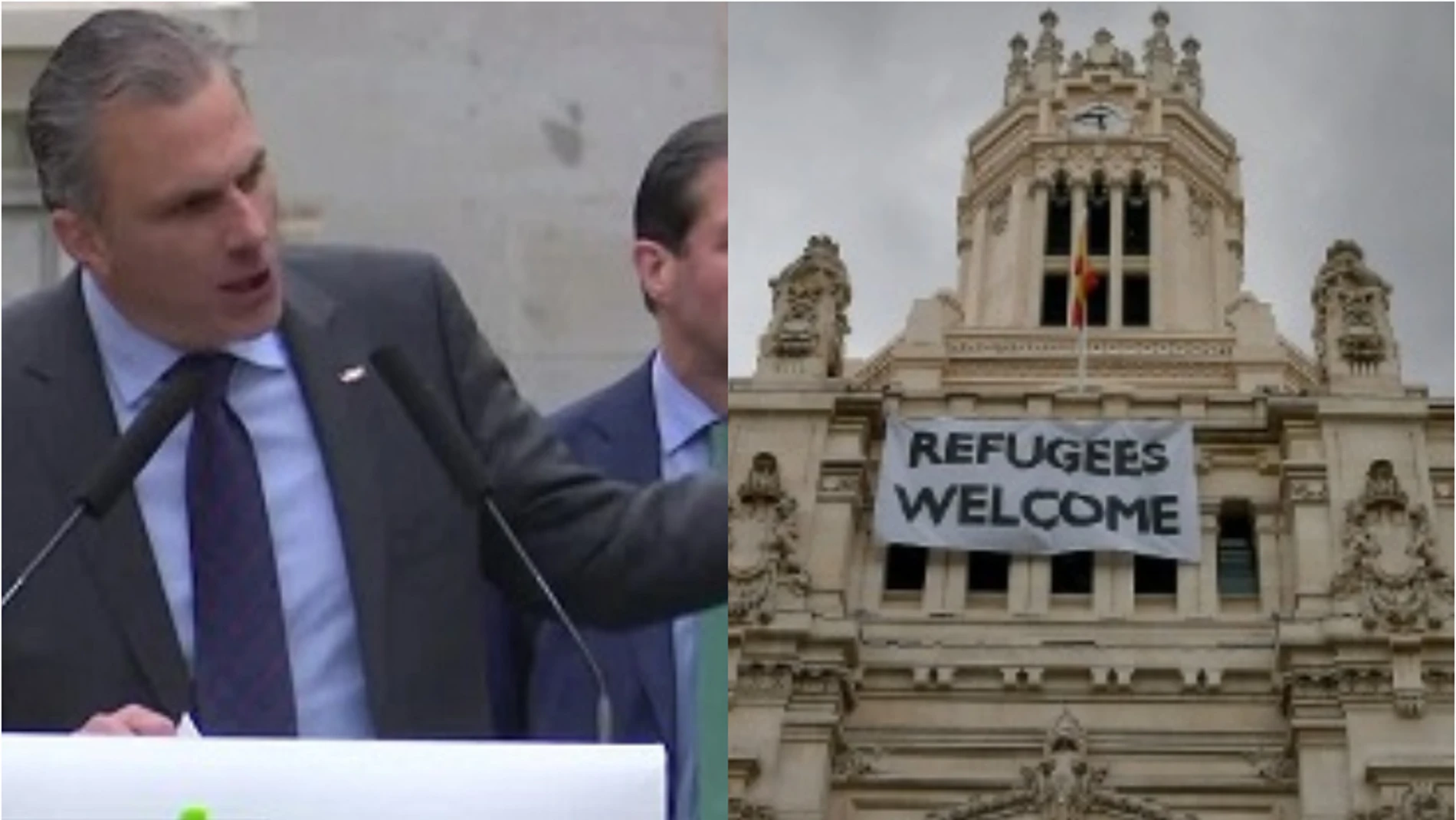Ortega Smith (izquierda) y Ayuntamiento de Madrid con el cartel de 'Refugees welcome' a la derecha