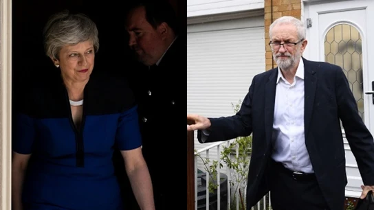 Theresa May y Jeremy Corbyn en fotos de archivo Theresa May y Jeremy Corbyn en fotos de archivo