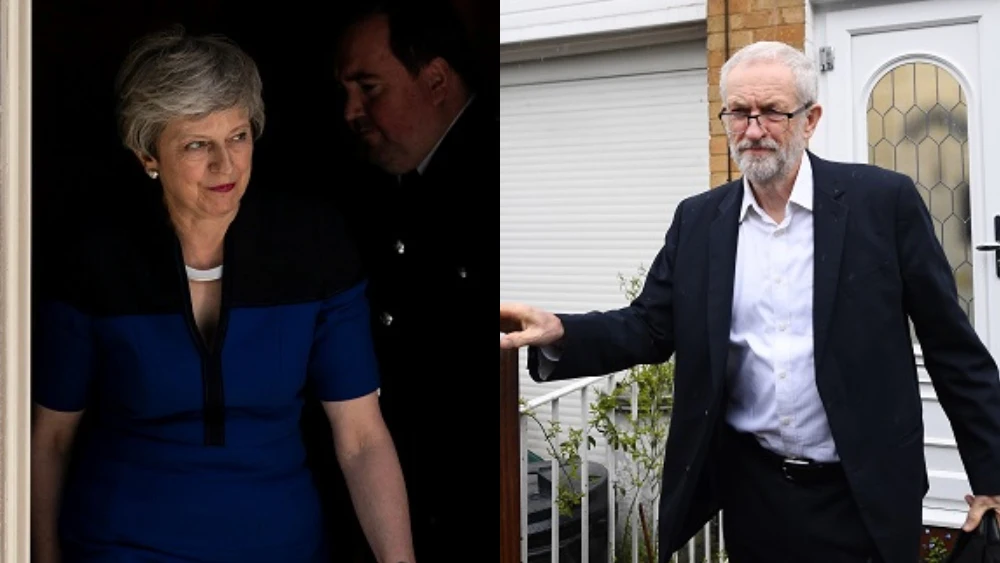 Theresa May y Jeremy Corbyn en fotos de archivo