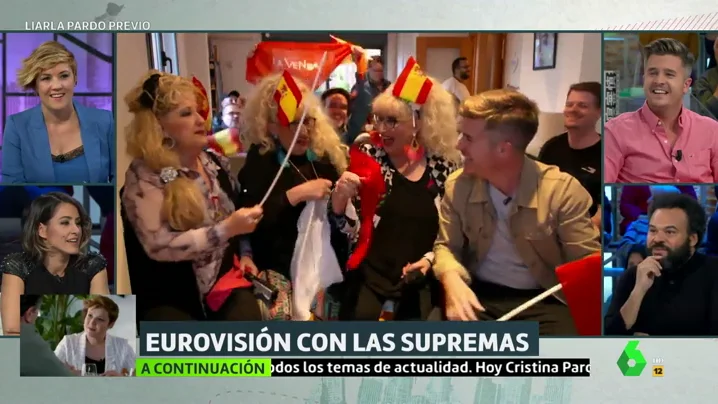 Luis Troya con las Supremas de Móstoles viendo la gala de Eurovisión