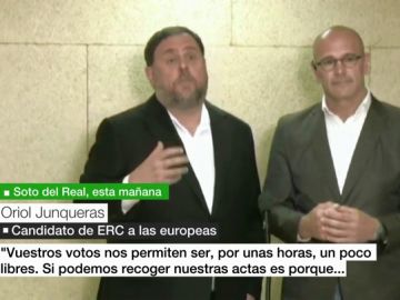Junqueras, en un mitín desde la prisión antes de recoger su acta en el Congreso: "Por unas horas seremos un poco libres" Junqueras, en un mitín desde la prisión antes de recoger su acta en el Congreso: "Por unas horas seremos un poco libres"