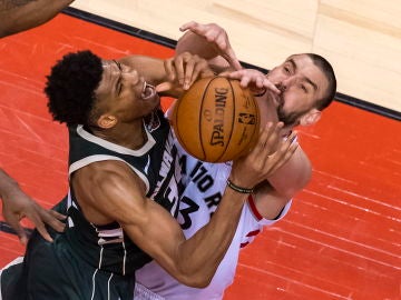 Marc Gasol pelea por un balón ante Giannis Antetokounmpo Marc Gasol pelea por un balón ante Giannis Antetokounmpo