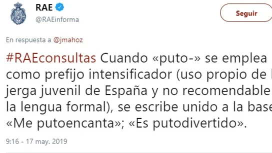 El tuit en el que la RAE explica el uso correcto de 'puto' El tuit en el que la RAE explica el uso correcto de 'puto'