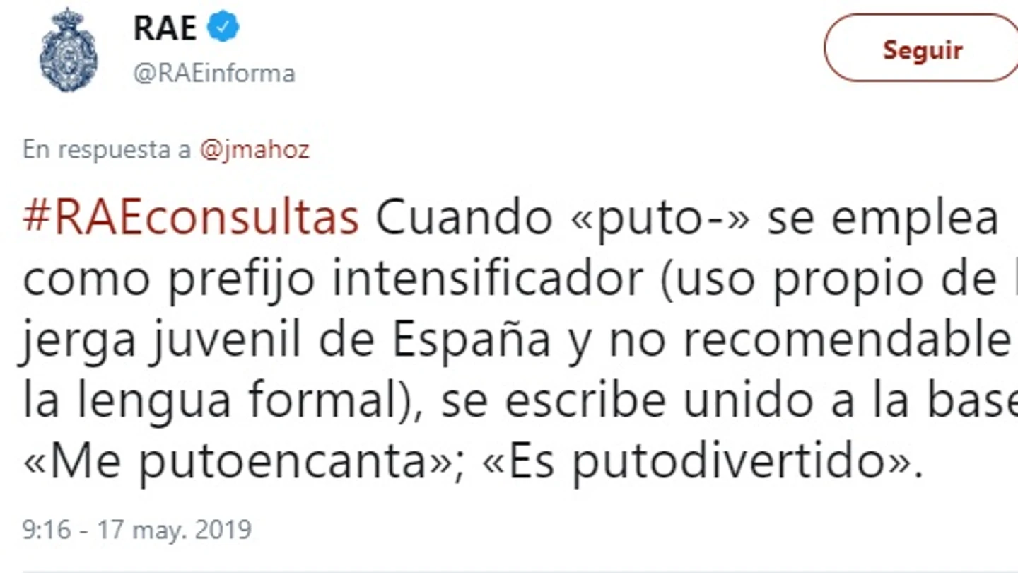 El tuit en el que la RAE explica el uso correcto de 'puto' El tuit en el que la RAE explica el uso correcto de 'puto'