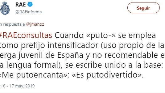 El tuit en el que la RAE explica el uso correcto de 'puto'