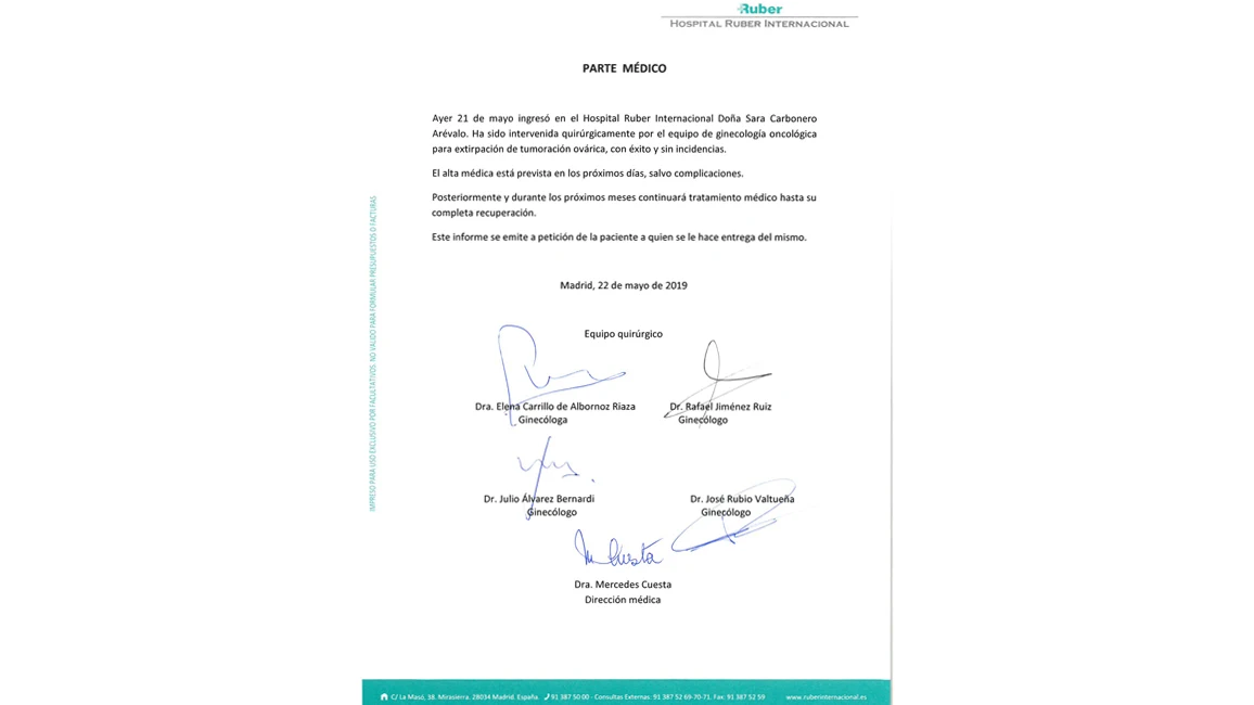 Parte médico Sara Carbonero Parte médico Sara Carbonero