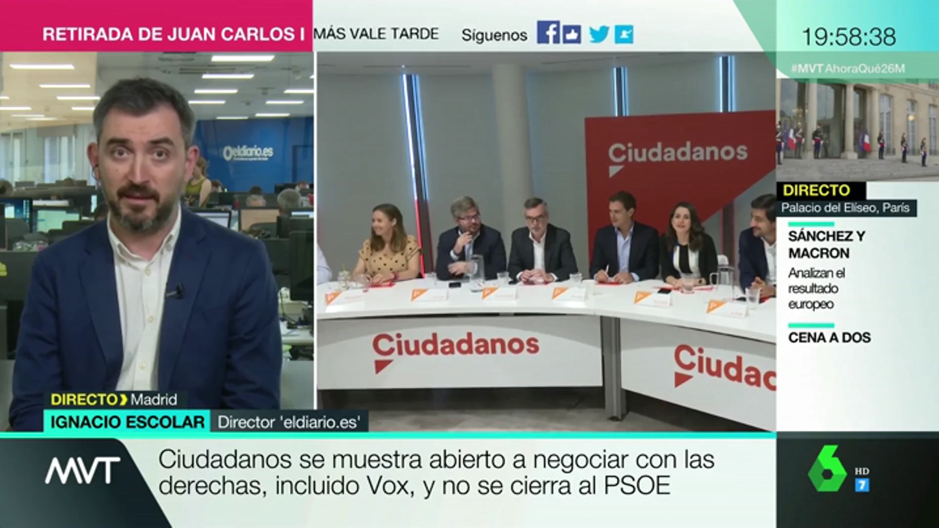 Ignacio Escolar, sobre los posibles pactos entre Ciudadanos y PSOE: "Le mancha Vox y ser socio de la extrema derecha en administraciones"