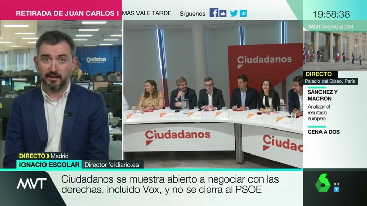 Ignacio Escolar, sobre los posibles pactos entre Ciudadanos y PSOE: "Le mancha Vox y ser socio de la extrema derecha en administraciones"